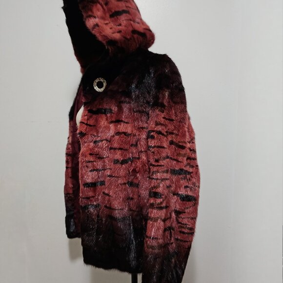 New Real Mink Fur Coat Blazer Jacket Mahogany Plum Copper Brown Wine Red Hooded - Picture 5 of 6